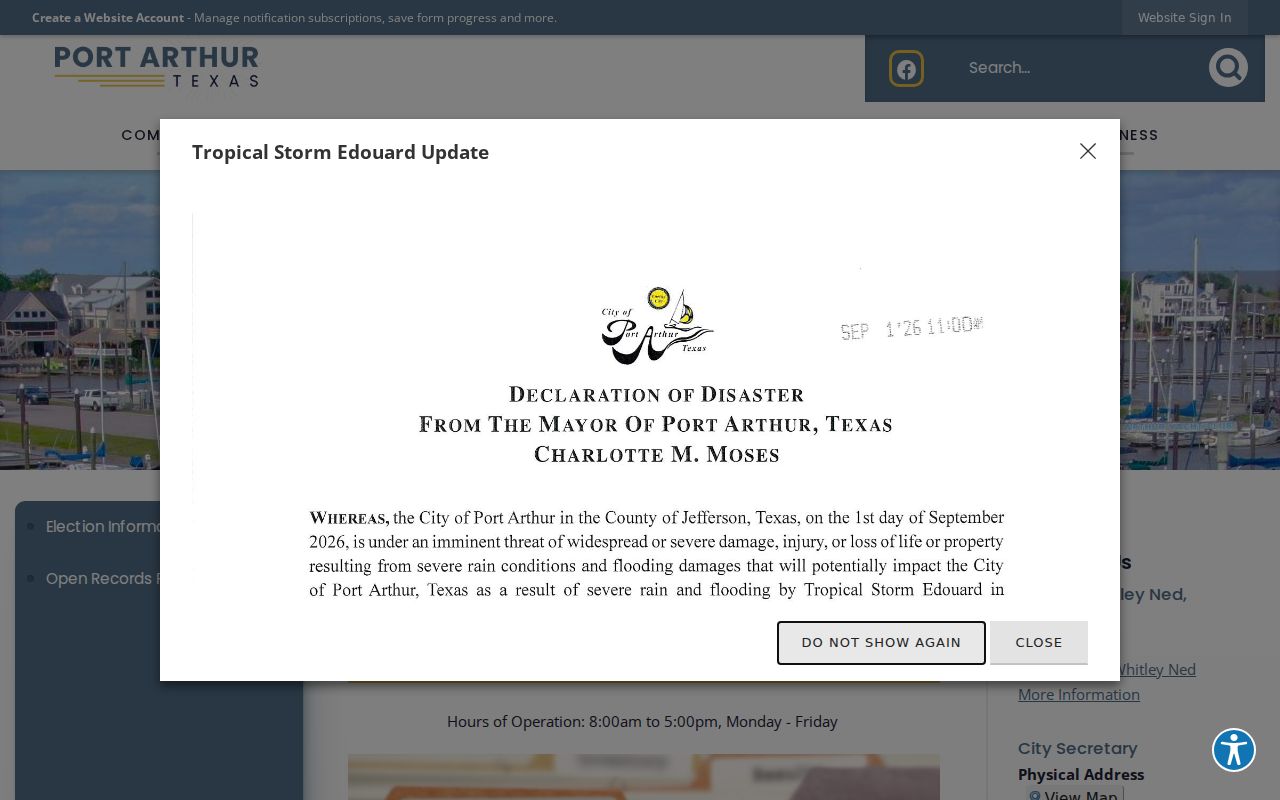 Port Arthur residents directory source showing the city public-records request portal