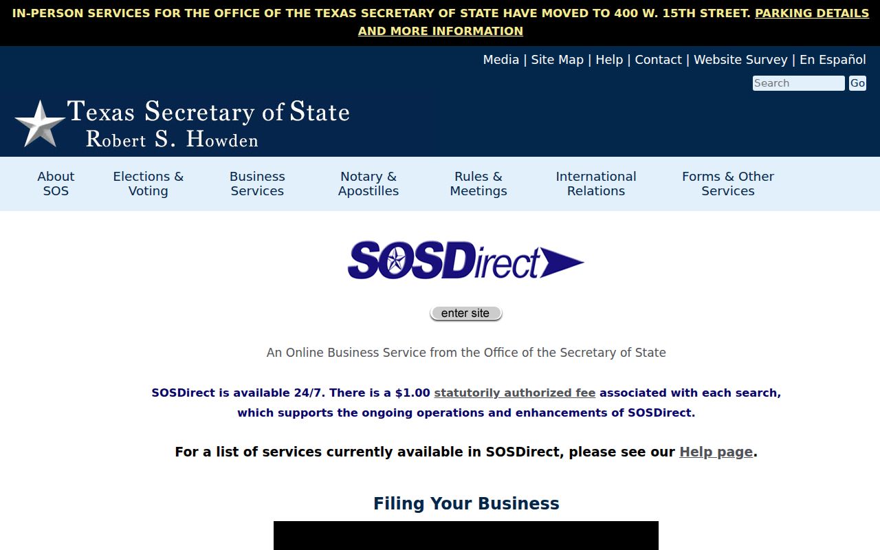 Port Arthur residents directory source showing Texas SOSDirect business-search entry