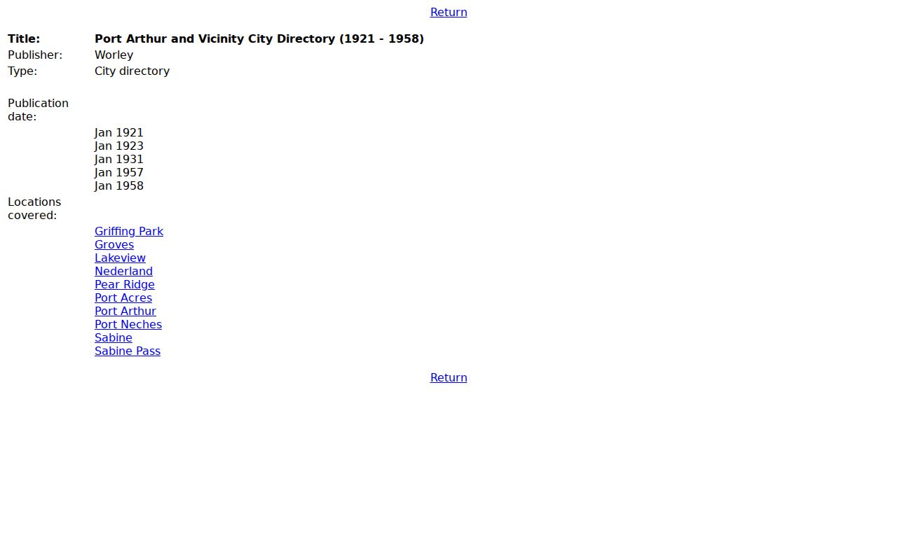 Port Arthur previous residents source showing UT Austin Port Arthur and Vicinity directory metadata