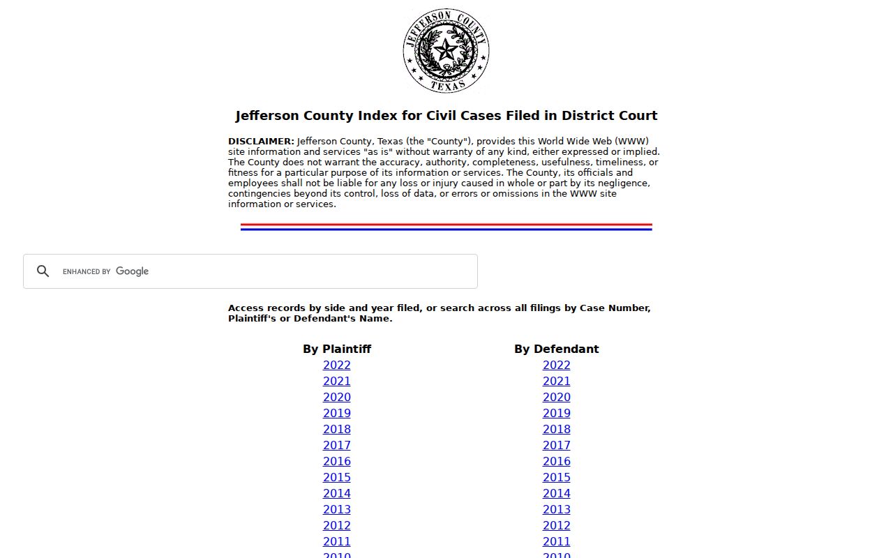 Port Arthur resident lookup screenshot of the Jefferson County District Clerk civil index