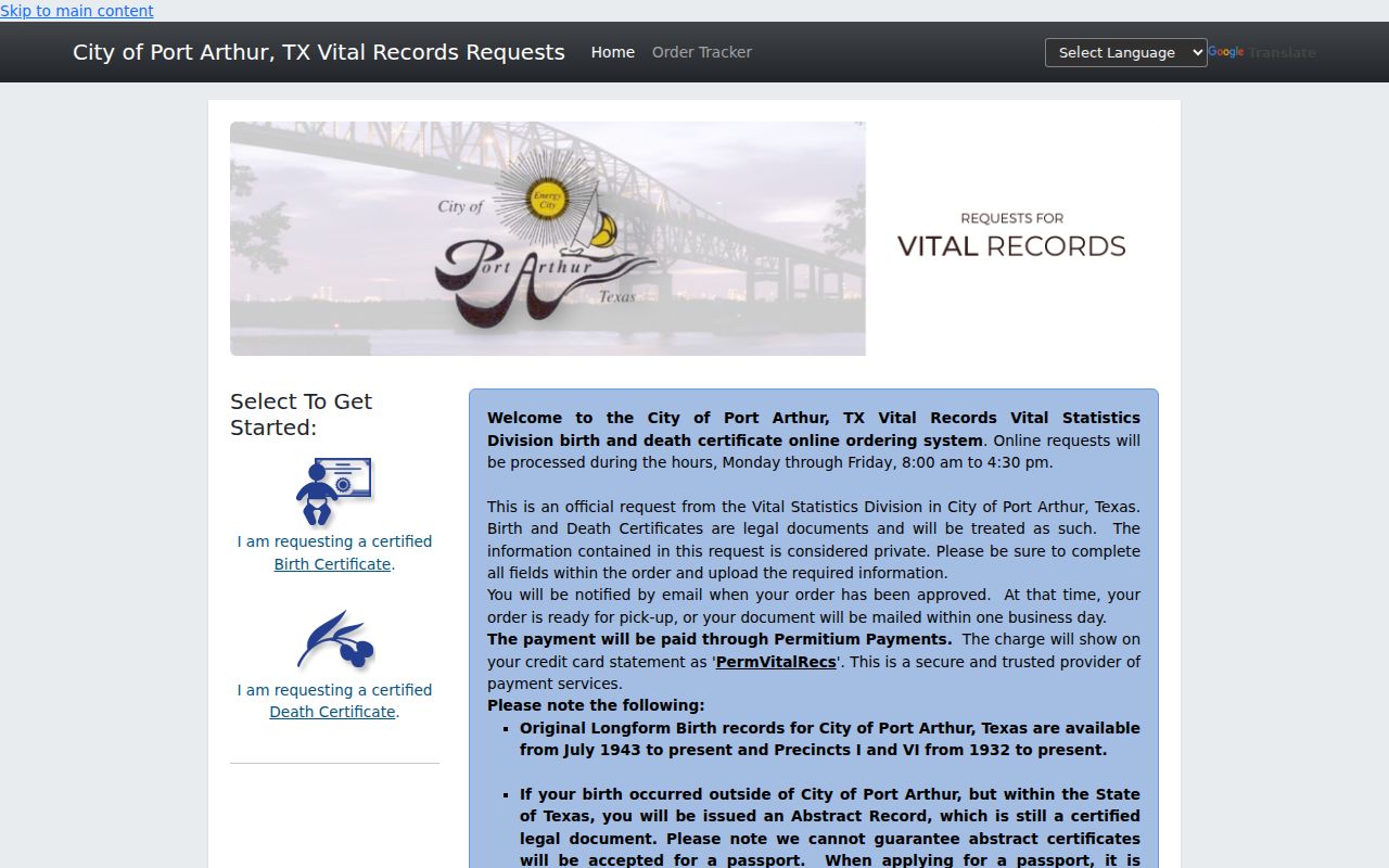 Port Arthur resident lookup image of the certified vital-record ordering portal
