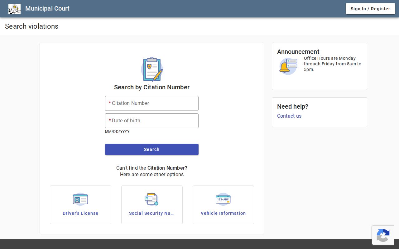 Port Arthur resident lookup view of the Municipal Court search portal