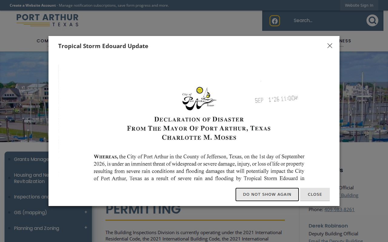 Port Arthur street directory permit and inspection records page